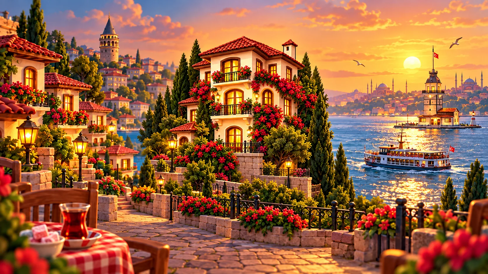 Gün batımında İstanbul, Kız Kulesi ve renkli evler